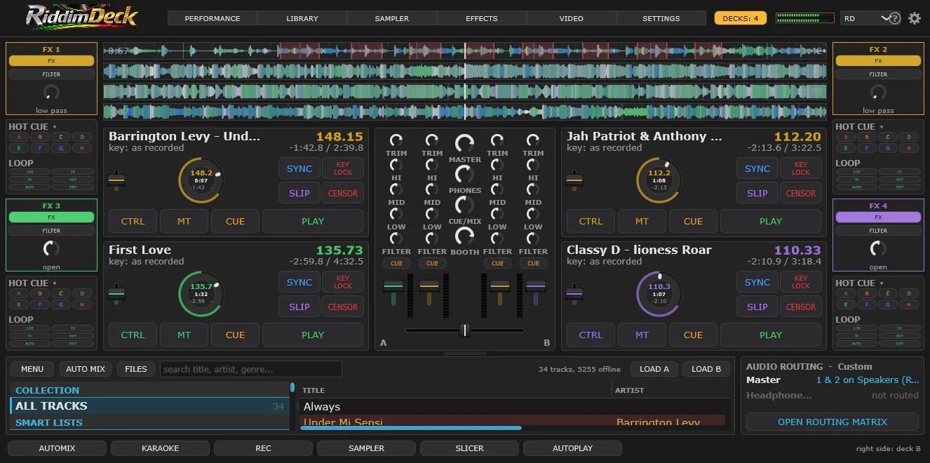 The RD layout with four decks, effects and pads down each side, and the track library below