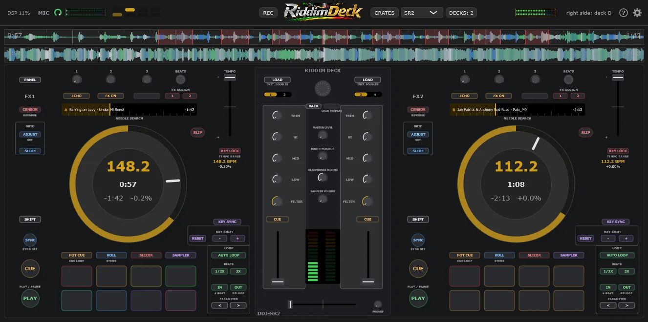 RIDDIM DECK with its Pioneer DDJ-SR2 layout: two decks, the mixer between them, effects and performance pads
